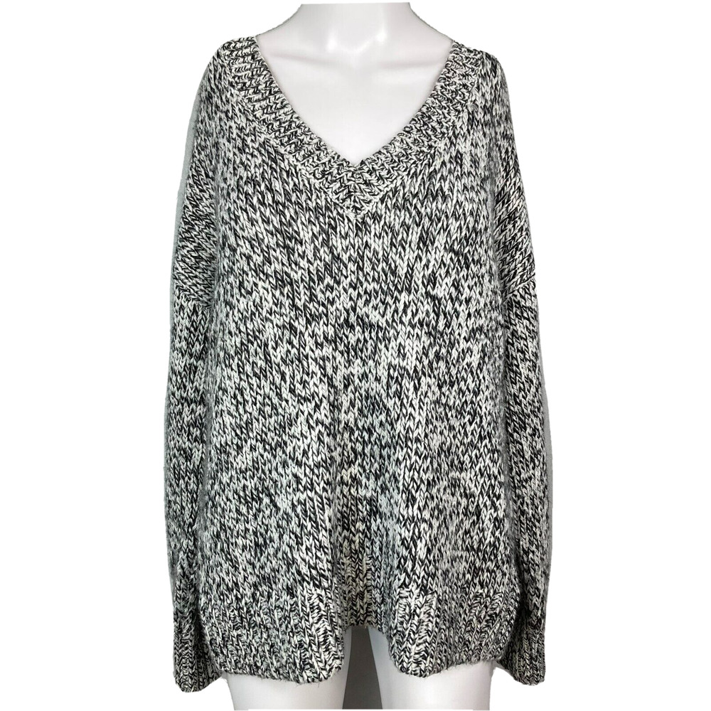 PINK Victorias Secret Sweater Womens Sz L Black White Chunky Knit V Neck Loose‎